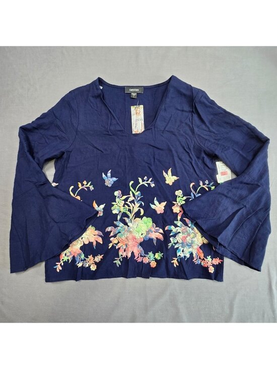 Karen Kane Tops - NEW Karen Kane Large Bell Sleeve Floral Embroidered Top Navy Rayon Blouse